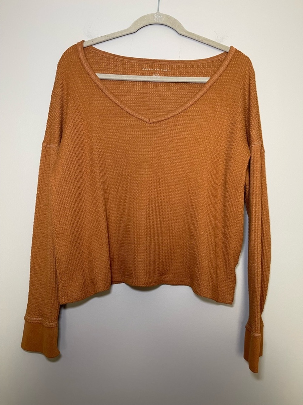 American Eagle Outfitters Rust Waffle-Knit V-Neck Long Sleeve Top